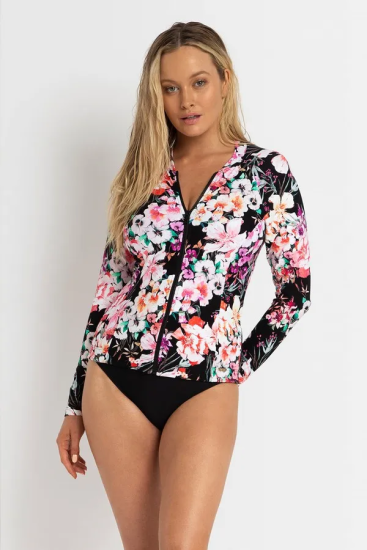JANTZEN - Enchanted Zip Front Rash Vest, Lycra Xtralife® fabric, Moulded soft cups, Shelf bra, Zip front, Generous fit, UPF 50+ sun protection,  Chlorine resistant, Black, JA90862