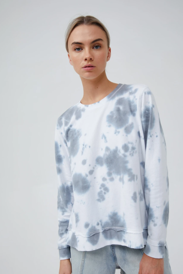 Jac + Mooki Priscilla Tie Dye Sweat Top.  Vintage Sage Tie Dye, Peached finish, Raw edging., High / Low hem, Ribbed cuff and hem, Regular fit. Fabric:: 100% GOTS Certified Ultra-Lightweight Organic Cotton French Terry  (Global Organic Textile Standard)  Colour: Vintage Sage  Style: JM8191TD