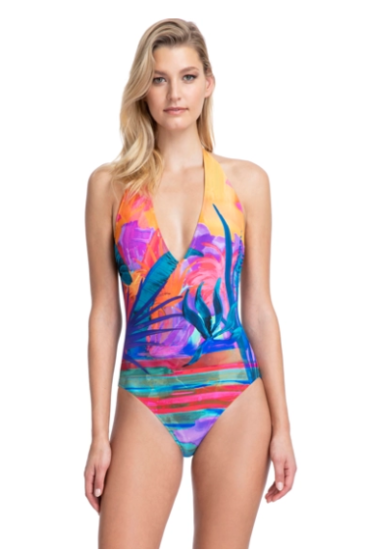 Gottex - Contour Indian Summer Halter Tie Back 1-piece swimsuit.  A multi-colour digital hand drawn paint print on contour shaping fabric. Bright and rich colors built in a way to flatter the body.  Soft Cup, Halter one-piece.  Multi Colour Print.  Style: 20IS013-080