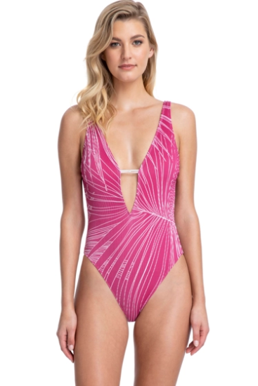 Gottex - Collection Palla Raspberry Strappy Deep Plunge V-Neck One Piece Swimsuit.  Textured fabric, Soft cups, Deep plunge V-neck one-piece.  Colour: Raspberry with white detail  Style: 20PL150-624