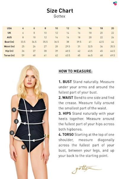 Gottex Size Chart, how to measure, Gottex AU and NZ sizes
