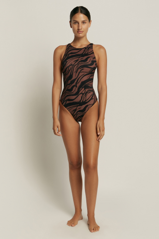 JETS - Nomade High Neck One Piece swimsuit.  High neckline, Removable cups, Regular leg line, Suitable for A-C cup, Keyhole back neck clip.   Colour: Burnt Clay / Black print.  Style: J10831