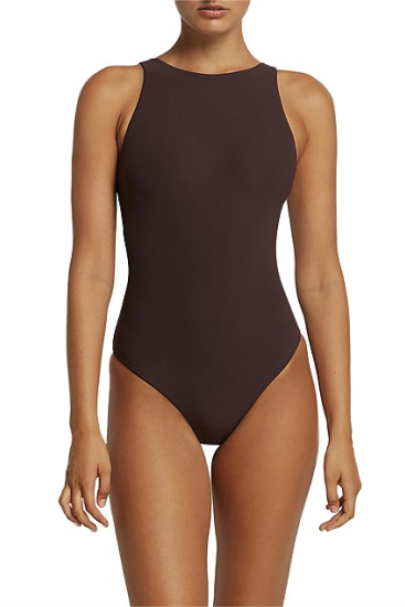 JETS - Jetset Square Neck Tank one-piece swimsuit.  High neckline, Removable cups, Shelf bra for support, Low crossover back, Regular leg line and pant coverage.  Colours: Black, Chocolate, Deep Navy