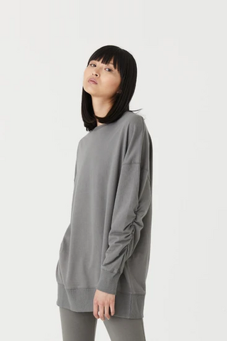 JAC + MOOKI - Willow Tunic Sweatshirt.  Organic cotton terry, natural stretch, unlined, Rouch detail on sleeves, Peached finish, Ribbed crew neckline, Long sleeves; ribbed cuffs, Ribbed hemline.  Fabric: 100% Organic Cotton Terry.  Colour: Sedonia Sage  Style: JM8189