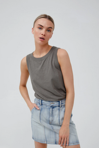 Jac + Mooki Adut Tank.  Vintage Sage, Rib neck and arm hole finish, Sleeveless, Square hem, Slim fit.  Fabric:  100% GOTS Certified Organic Cotton Slub (Global Organic Textile Standard)  Colours: Vintage Sage, White  Style: JM8208
