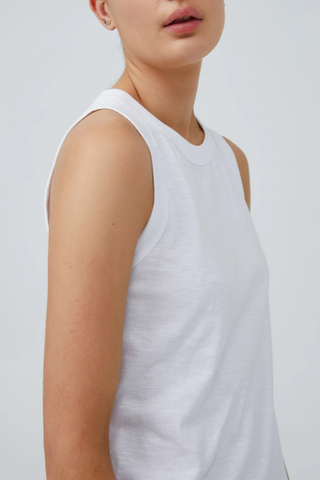 Jac + Mooki Adut Tank.  Vintage Sage, Rib neck and arm hole finish, Sleeveless, Square hem, Slim fit.  Fabric:  100% GOTS Certified Organic Cotton Slub (Global Organic Textile Standard)  Colours: Vintage Sage, White  Style: JM8208