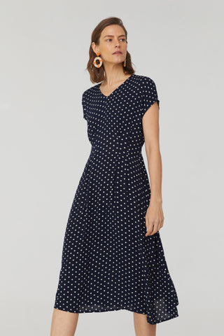 Nice Things - Bubbles Dot Print V Neck Midi Dress.  100% Viscose.  Navy print.  Style: WWK152