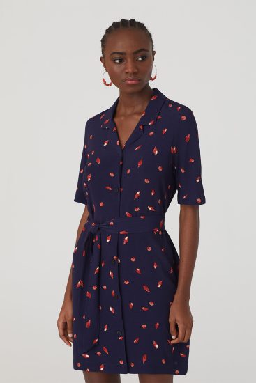 Nice Things - Seashell Lapel Collar Button Front Dress with Removable Belt.  100% Viscose. Navy Seashell print.