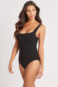 Sea Level - Essentials Square Neck 1-Piece.  A classic swimsuit with a flattering cut, Square neckline, Panels down each side of waist for body shaping, Multi-fit bra cup, best for an A-C cup bra, Soft cup support, Adjustable and convertible straps.  Powermesh support on the inside for body contouring.  Colour: Black  Style: SL1032P