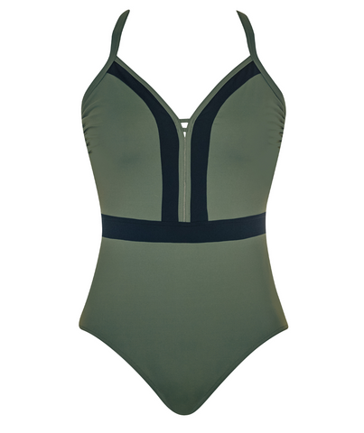 Sunflair - Soft Cup V-Neck swimsuit.  Colour up your life.  Colour: Khaki and Black  Style: 72221