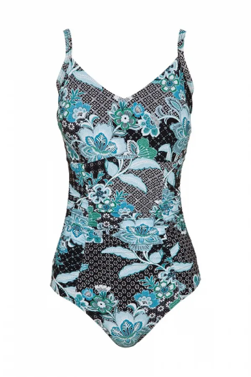 Sunseeker - Goa Bralette F/G cup One-Piece swimsuit.  F/G cup Speciality minimising, Demi underwires, 12mm shoulder straps, Front body ruching,  Adjustable E-hook straps, Powermesh support.  Colour: Goa Black Print Style: SS51137FG   