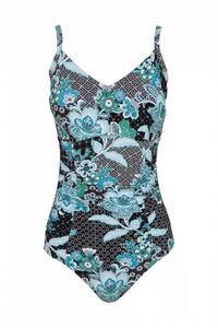 Sunseeker - Goa Bralette F/G cup One-Piece swimsuit.  F/G cup Speciality minimising, Demi underwires, 12mm shoulder straps, Front body ruching,  Adjustable E-hook straps, Powermesh support.  Colour: Goa Black Print Style: SS51137FG   