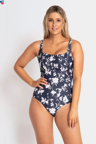 Sunseeker - Honey Bee Square Neck DD/E One Piece swimsuit.  DD/E Speciality minimising bra, Underwires support, Square cut bust line, Pin tuck design detail, Adjustable shoulder straps, Powermesh support.  Part of the Sunseeker re:new sustainable collection.  Colour: Honey Bee Slate  Style: SS51212DDE