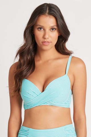 Sea Level - Positano Cross front moulded underwire bikini bra top.  Fits up tp D/DD cup, removable boosters, adjustable and convertible straps, adjustable back E hook, side boning.  Powermesh Support.  Positano Aqua Stripe.  SL3073  