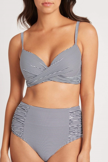 Sea Level - Positano Cross front moulded underwire bikini bra top.  Fits up tp D/DD cup, removable boosters, adjustable and convertible straps, adjustable back E hook, side boning.  Powermesh Support.  Positano Night Sky  Stripe.  SL3073  