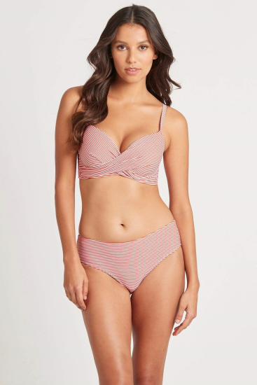 Sea Level - Positano Cross front moulded underwire bikini bra top.  Fits up tp D/DD cup, removable boosters, adjustable and convertible straps, adjustable back E hook, side boning.  Powermesh Support.  Positano Orange Stripe.  SL3073