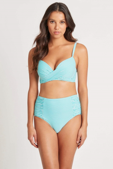 Sea Level - Positano High waist, gathered pant.  Powermesh support lining front and back.  Positano Aqua Stripe.  SL4140