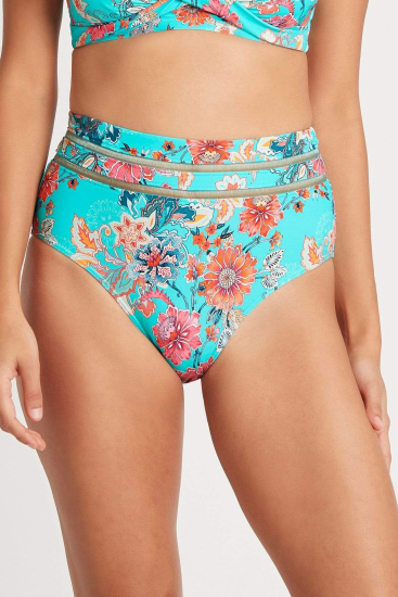 Sea Level - Dominica High Waist Bikini Pant with luminous trim.  Powermesh support front and back. Dominica Aqua print.  SL4282
