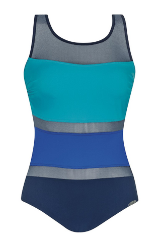 Sunflair - Modern Cubes Blue Soft Cup High Back mastectomy swimsuit.  Featuring a beautiful colour block design combined with mesh creating a flattering silhouette. High round neckline and soft cups with pockets for wearing with prosthesis if required. Lycra Xtra-Life fibres preserve colours in sunlight and chlorine ensuring a long lasting fit.  Style:  22304